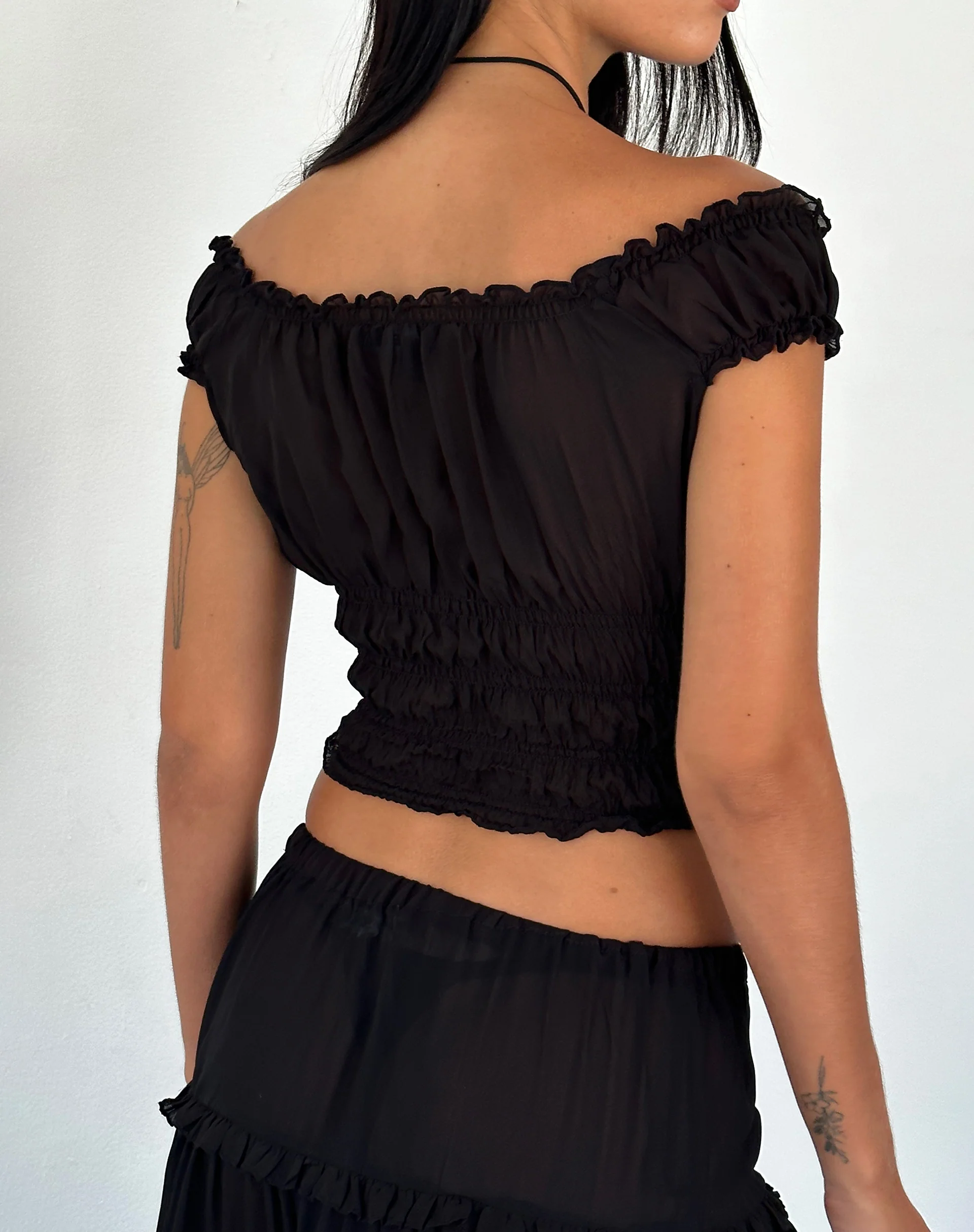 Xavi Shirred Bardot Top in Chiffon Black - Image 4