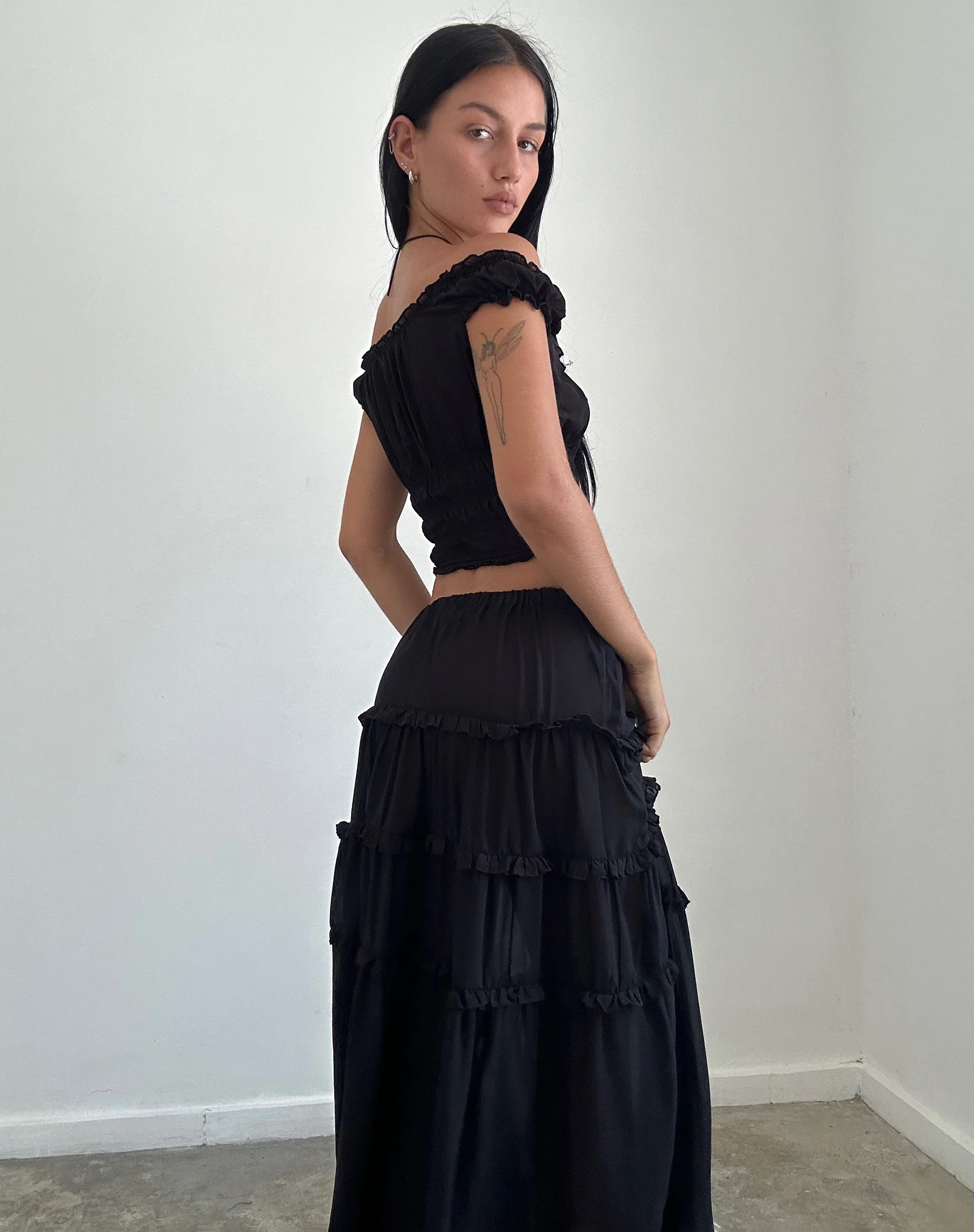 Xavi Shirred Bardot Top in Chiffon Black - Image 5
