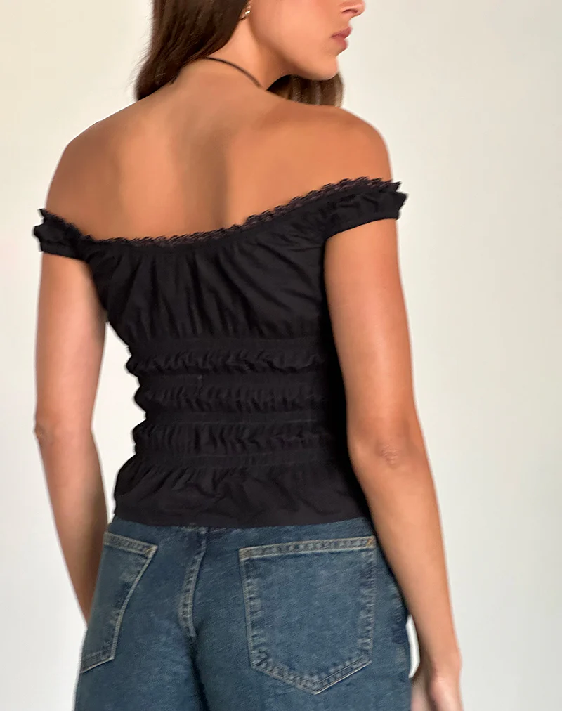 Xavinia Shirred Bardot Top in Black Poplin - Image 4