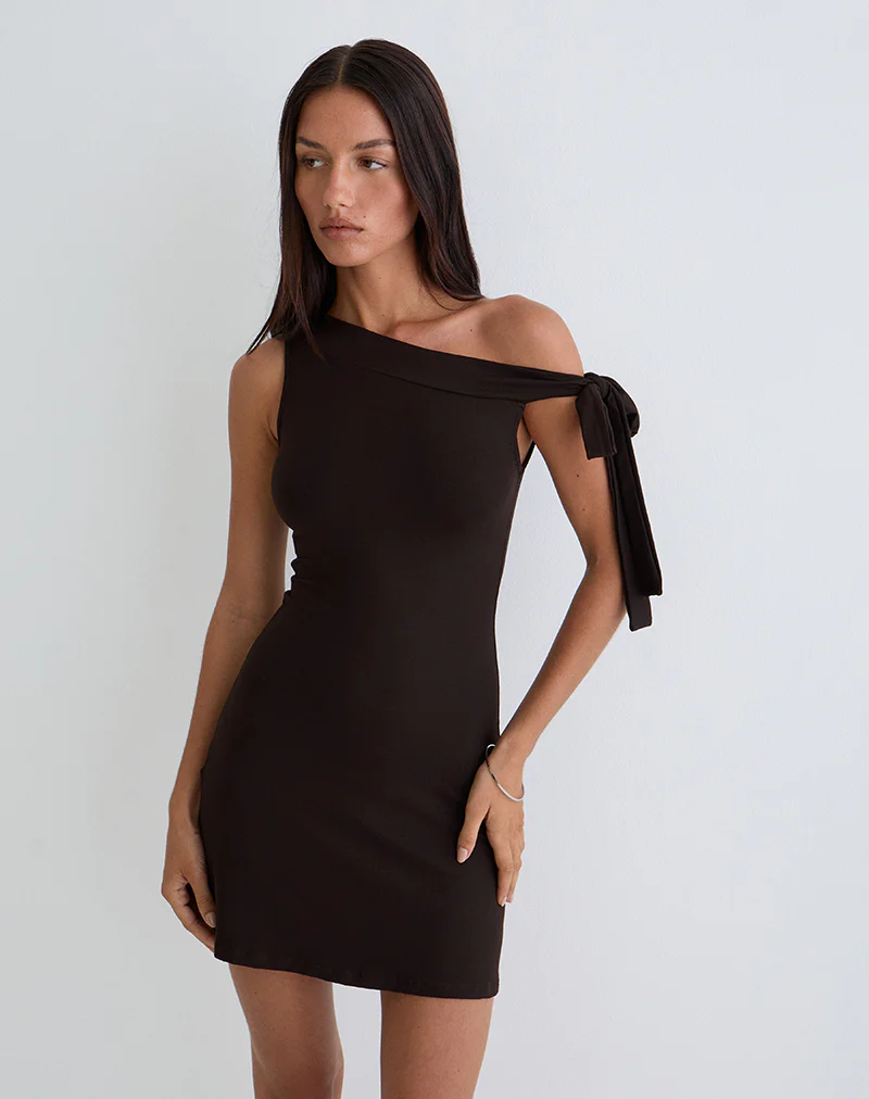 Xeenia One Shoulder Mini Dress in Chocolate Brown - Image 2