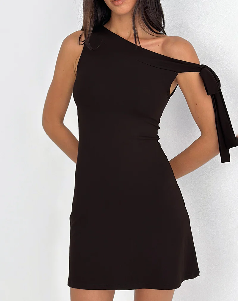 Xeenia One Shoulder Mini Dress in Chocolate Brown - Image 3