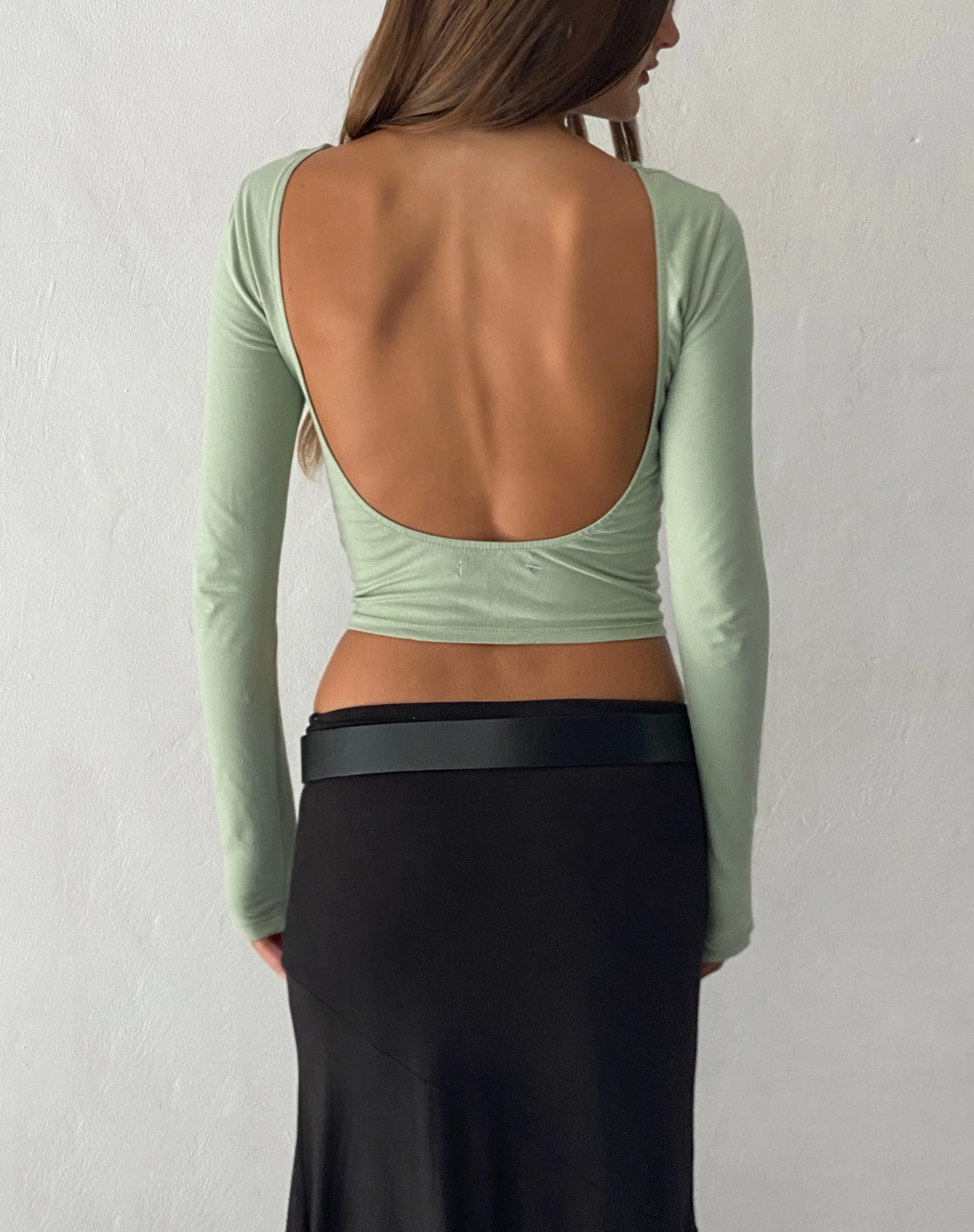 Xiabon Backless Long Sleeve Top in Desert Sage - Image 5
