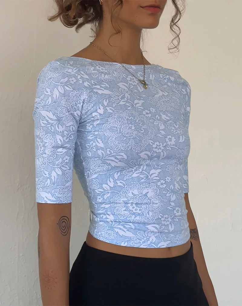 Xiwani Top in White Ornate Print Lycra - Image 2