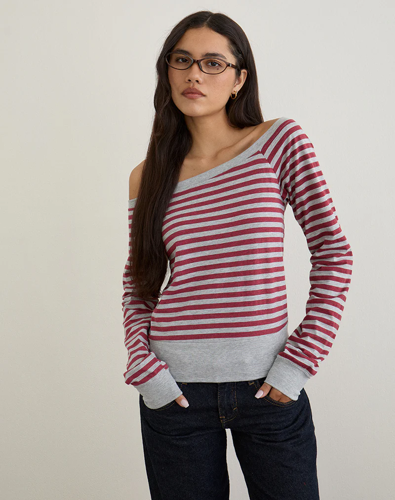 Yacin Slouchy Top in Grey and Burgundy Stripe - Image 3