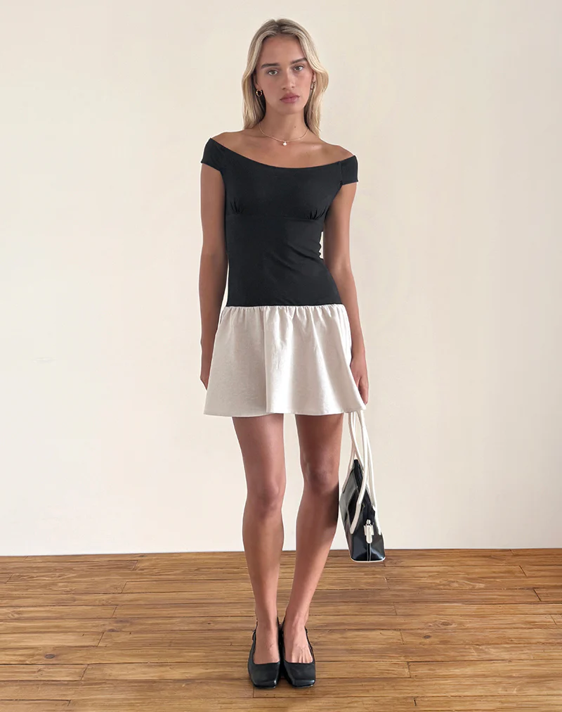 Yael Mini Dress in Lycra Linen Black and Ecru - Image 4