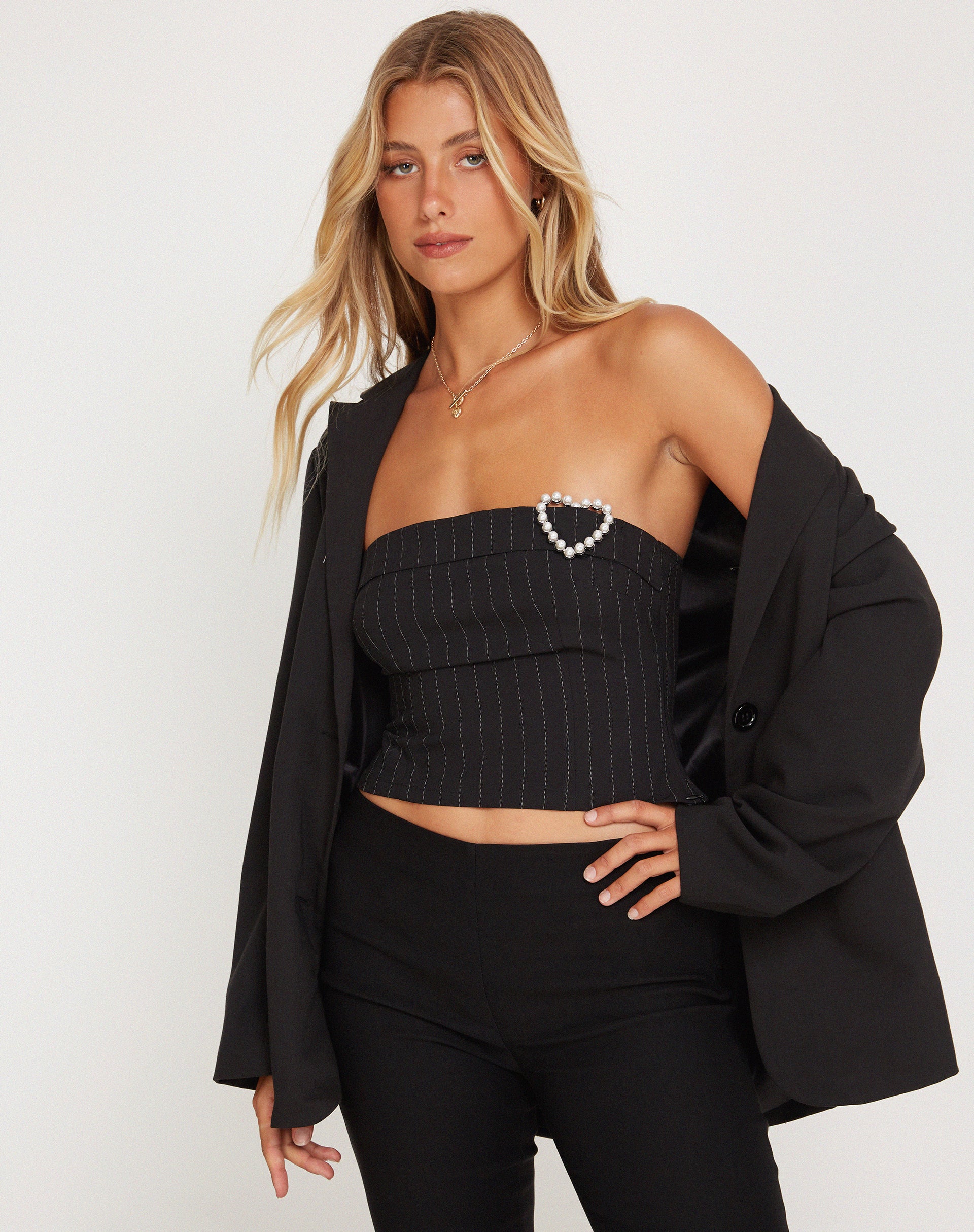 Yafira Bardot Top in Black Pinstripe with Heart Buckle - Image 7