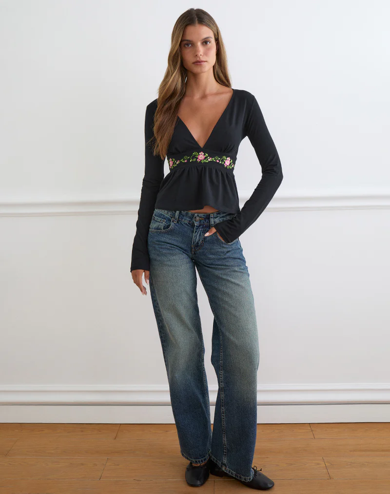 Yahop Top in Black with Swirly Floral Embroidery - Image 2