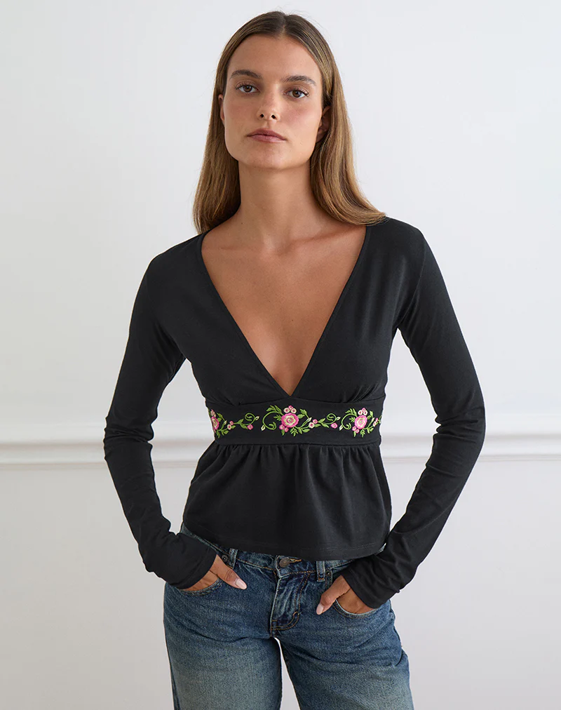 Yahop Top in Black with Swirly Floral Embroidery - Image 3