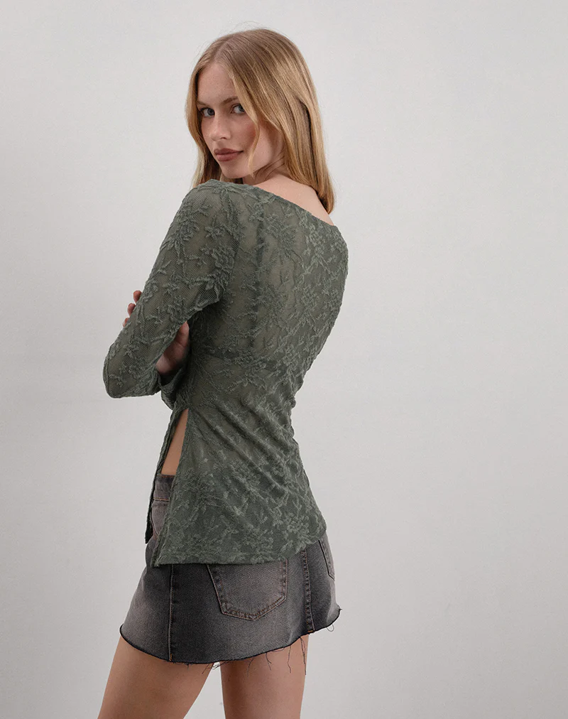 Yamari Top in Jacquard Knit Green - Image 3
