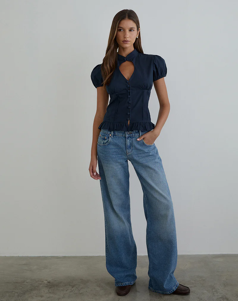 Yamila Puff Sleeve Keyhole Blouse in Dark Navy - Image 3