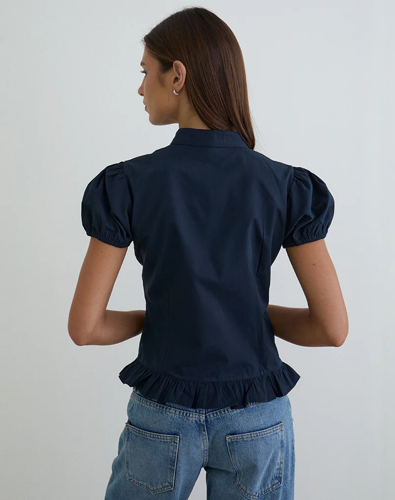 Yamila Puff Sleeve Keyhole Blouse in Dark Navy - Image 4