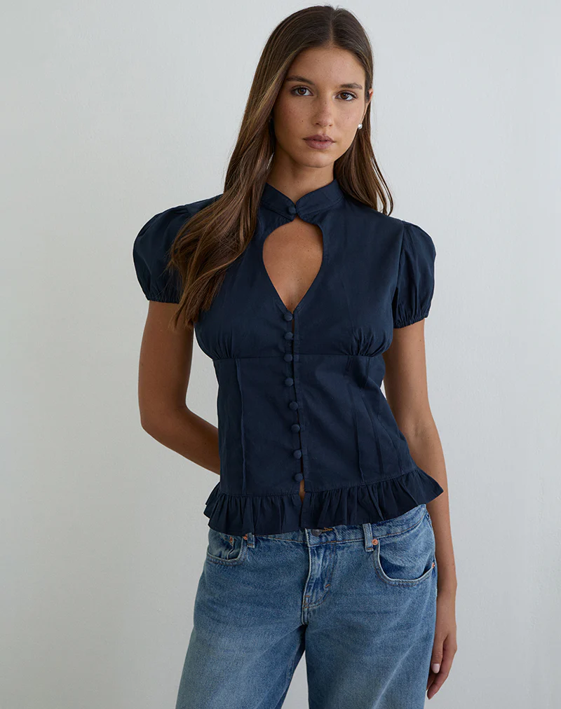 Yamila Puff Sleeve Keyhole Blouse in Dark Navy - Image 5