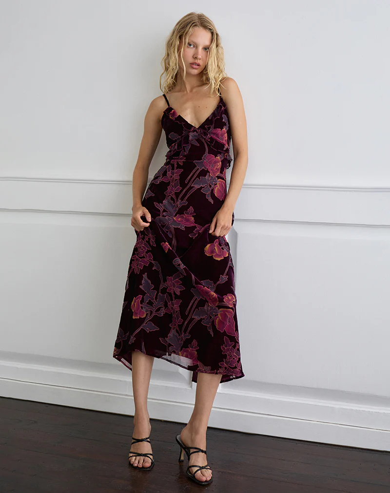 Yamira Maxi Dress in Floral Devore Burgundy - Image 4