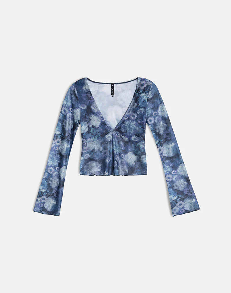 Yamuna Long Sleeve Top in Dark Blue Arty Flower Mesh - Image 3
