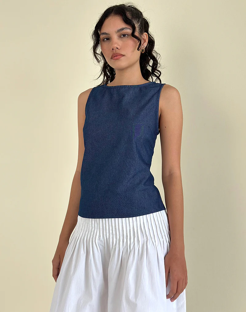 Yashia Tie Top in Denim Chambray Indigo - Image 2