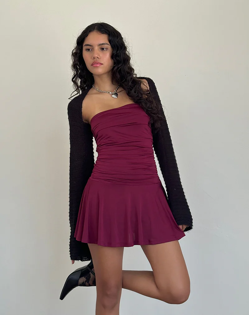 Yasmin Bandeau Mini Slinky Dress in Burgundy - Image 4