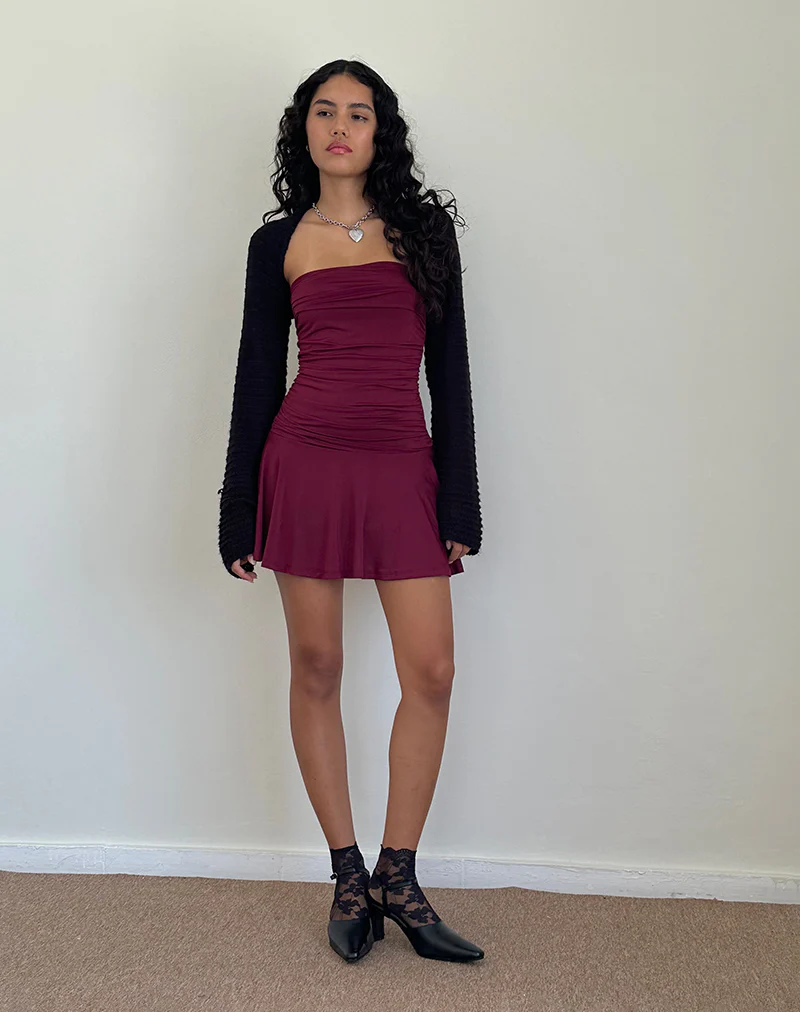 Yasmin Bandeau Mini Slinky Dress in Burgundy - Image 5