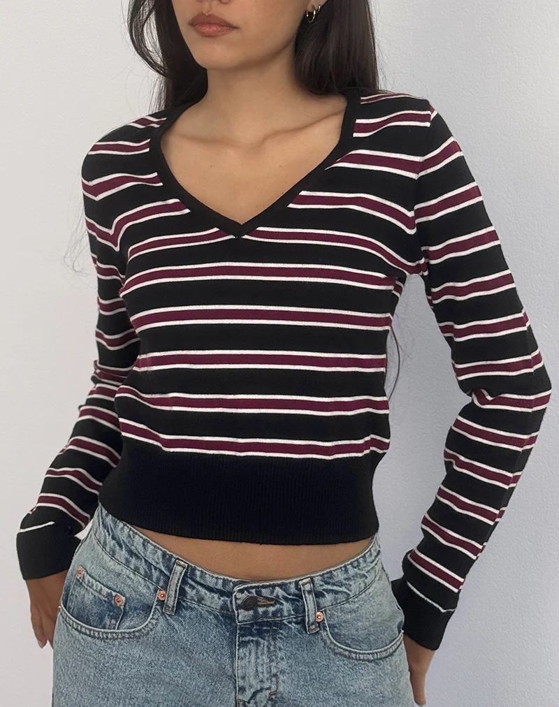 Yasra Jumper in Stripe Knit Black Burgundy - Image 3