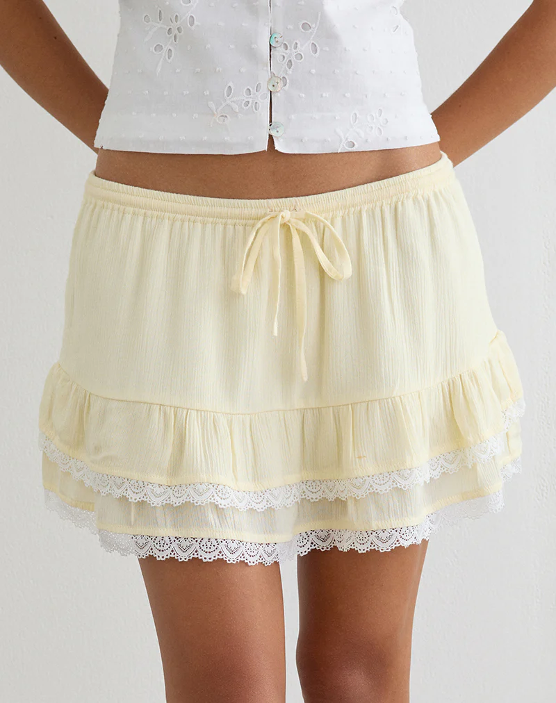 Yasu Ruffle Hem Mini Skirt in Crinkle Butter Yellow - Image 2
