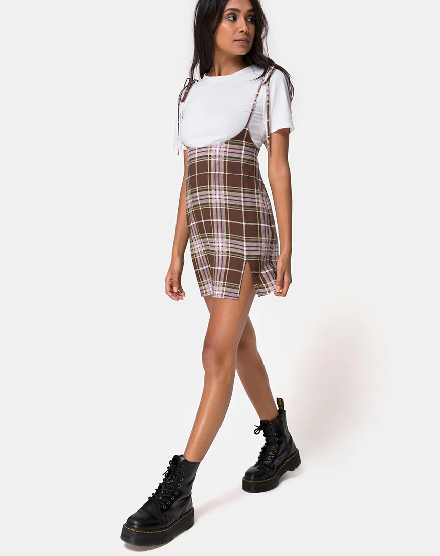Yelca Mini Dress in Tartan Brown - Image 3