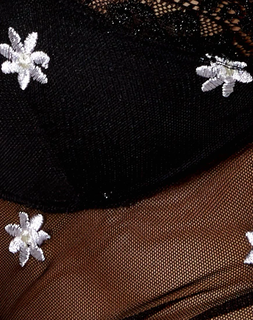Yenika Crop Top in Black Daisy Embro White with Lace - Image 5