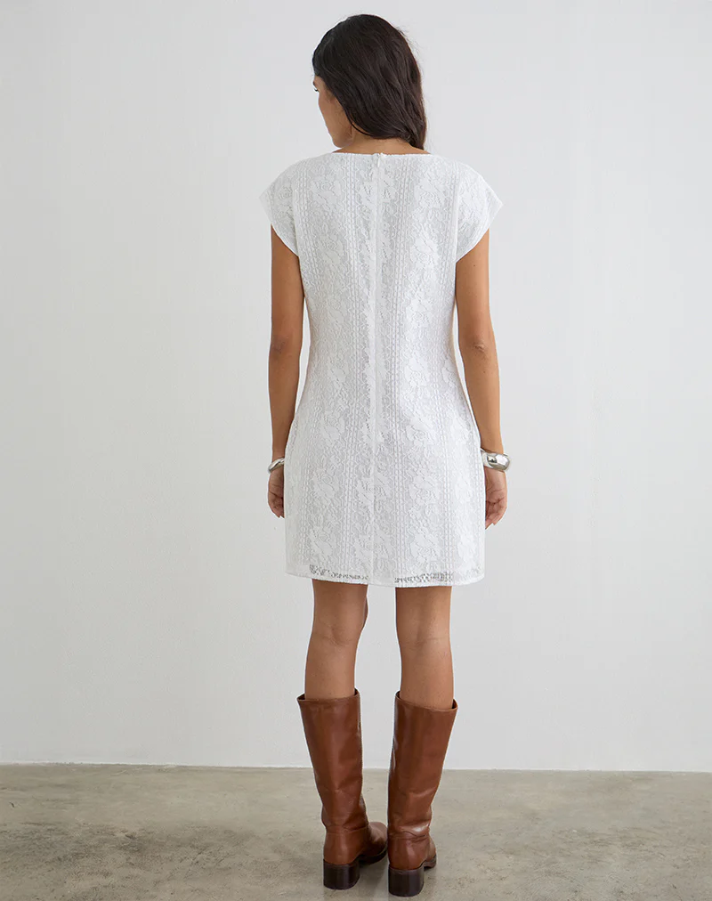 Yenna Plunge Mini Dress in Floral Lace White - Image 4