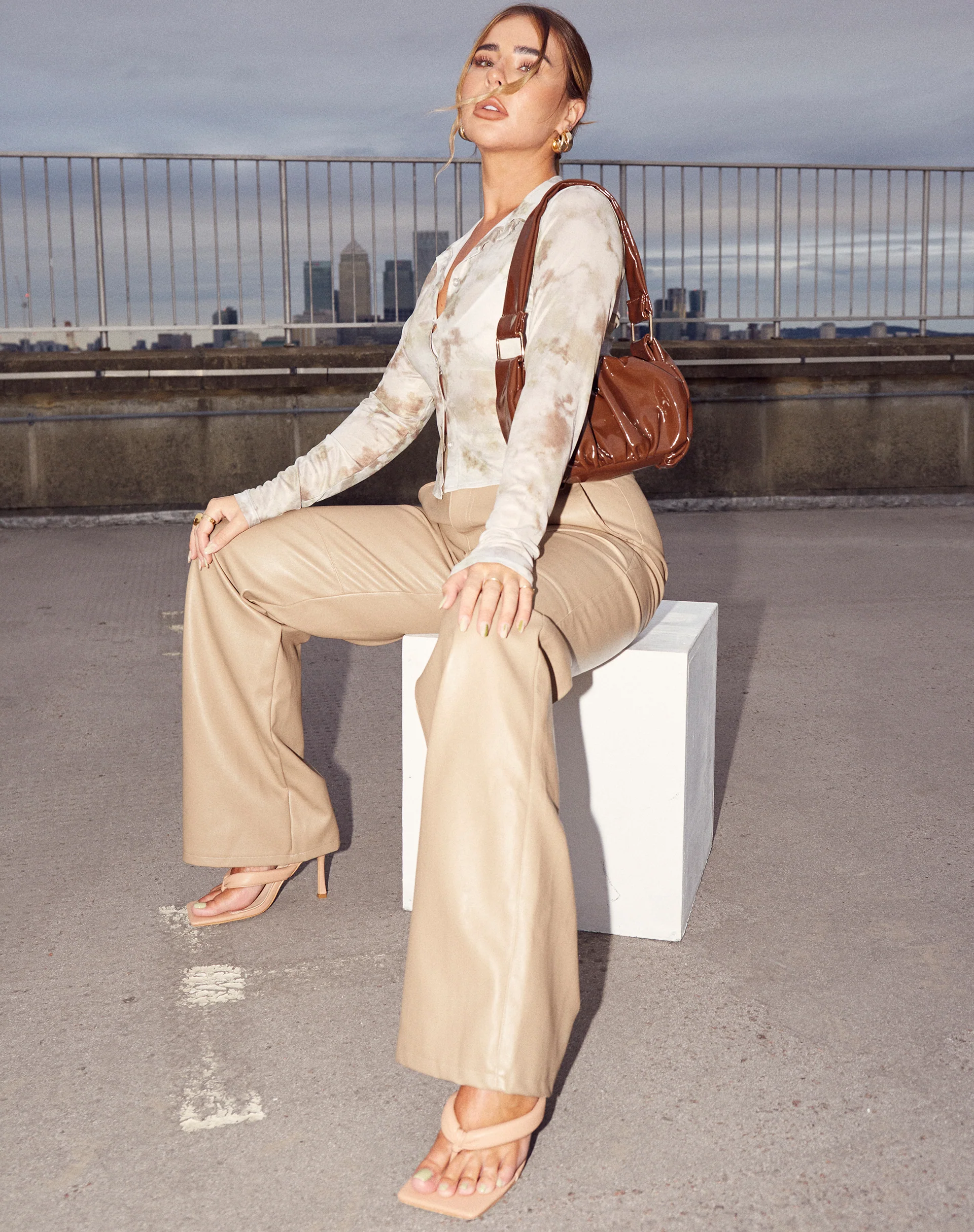 Yeria Wide Leg Trouser in PU Tan - Image 2