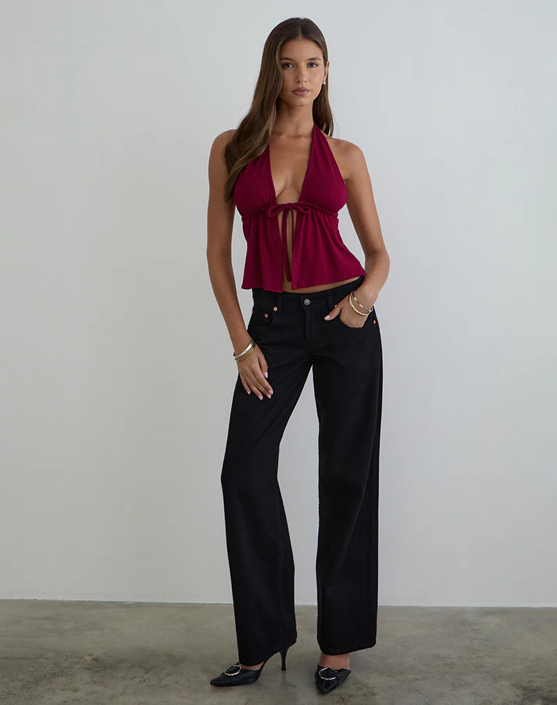 Ylva Tie-Front Halter Top in Rayon Jersey Burgundy - Image 3