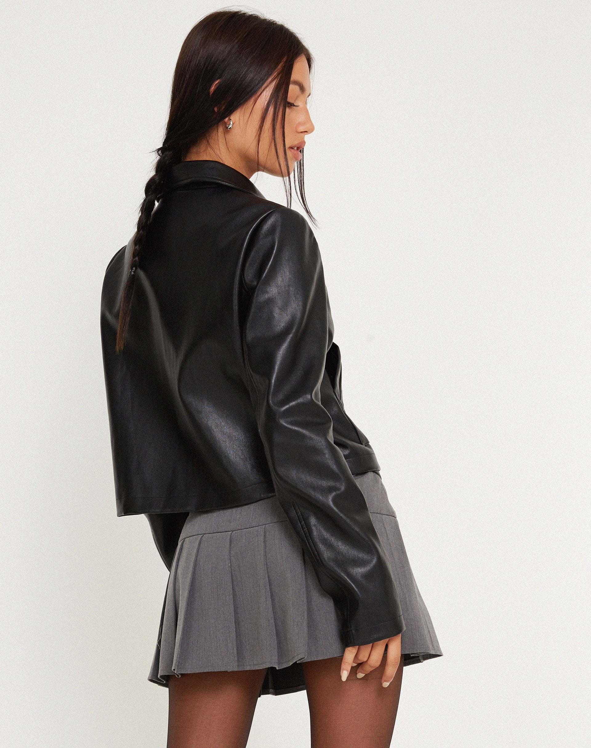 Yonde Zip Up Jacket in PU Black - Image 3