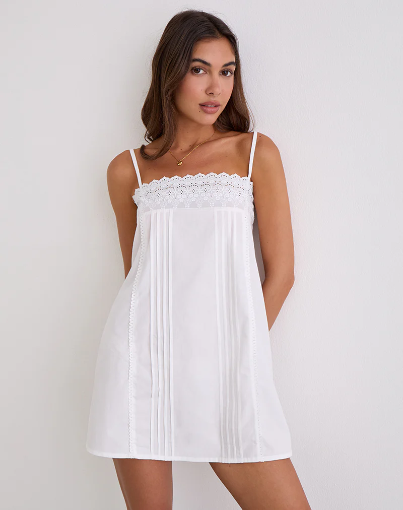 Yoshiko Broderie Trim Mini Dress in White - Image 6