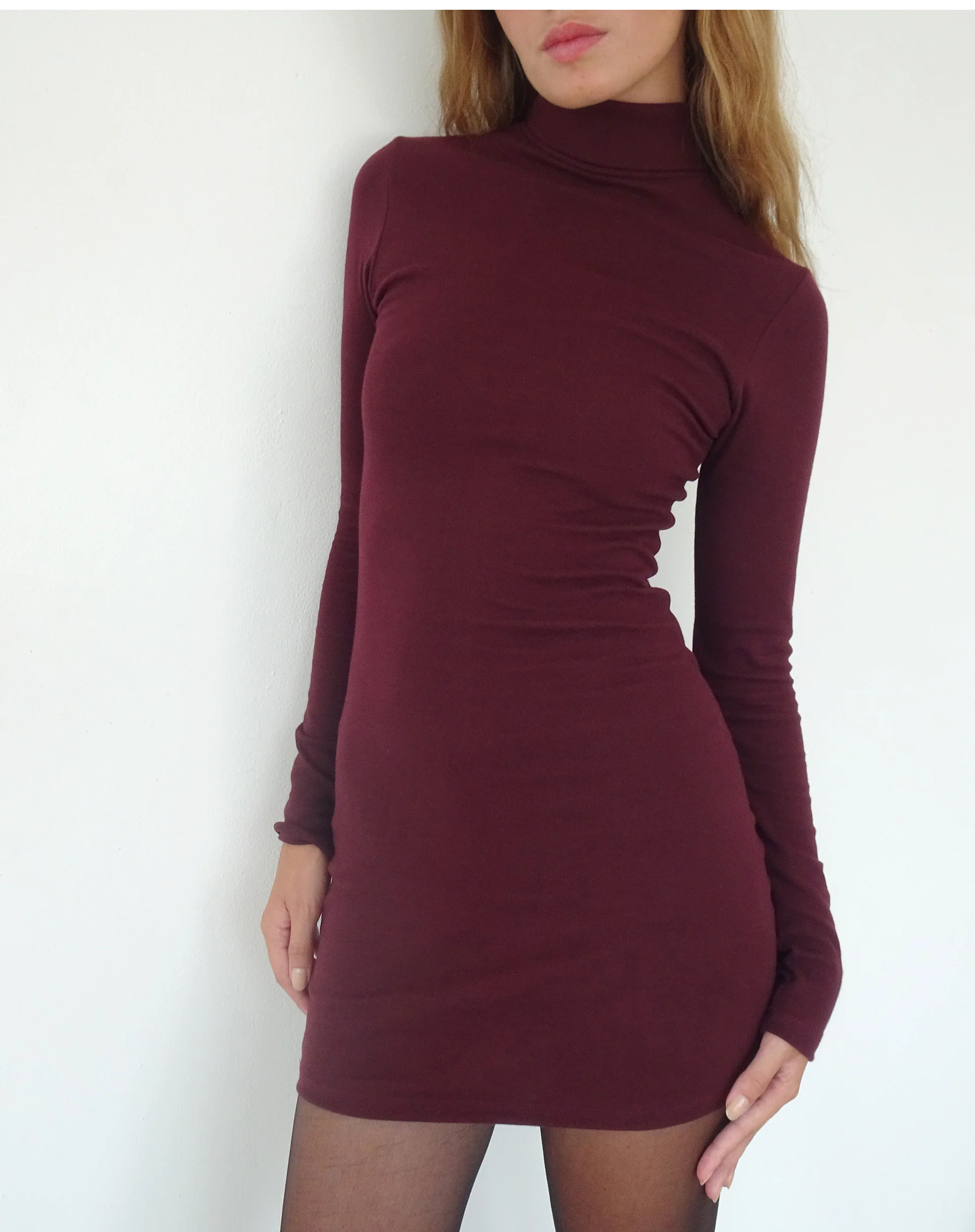 Yrion Turtle Neck Bodycon Mini Dress in Burgundy - Image 4