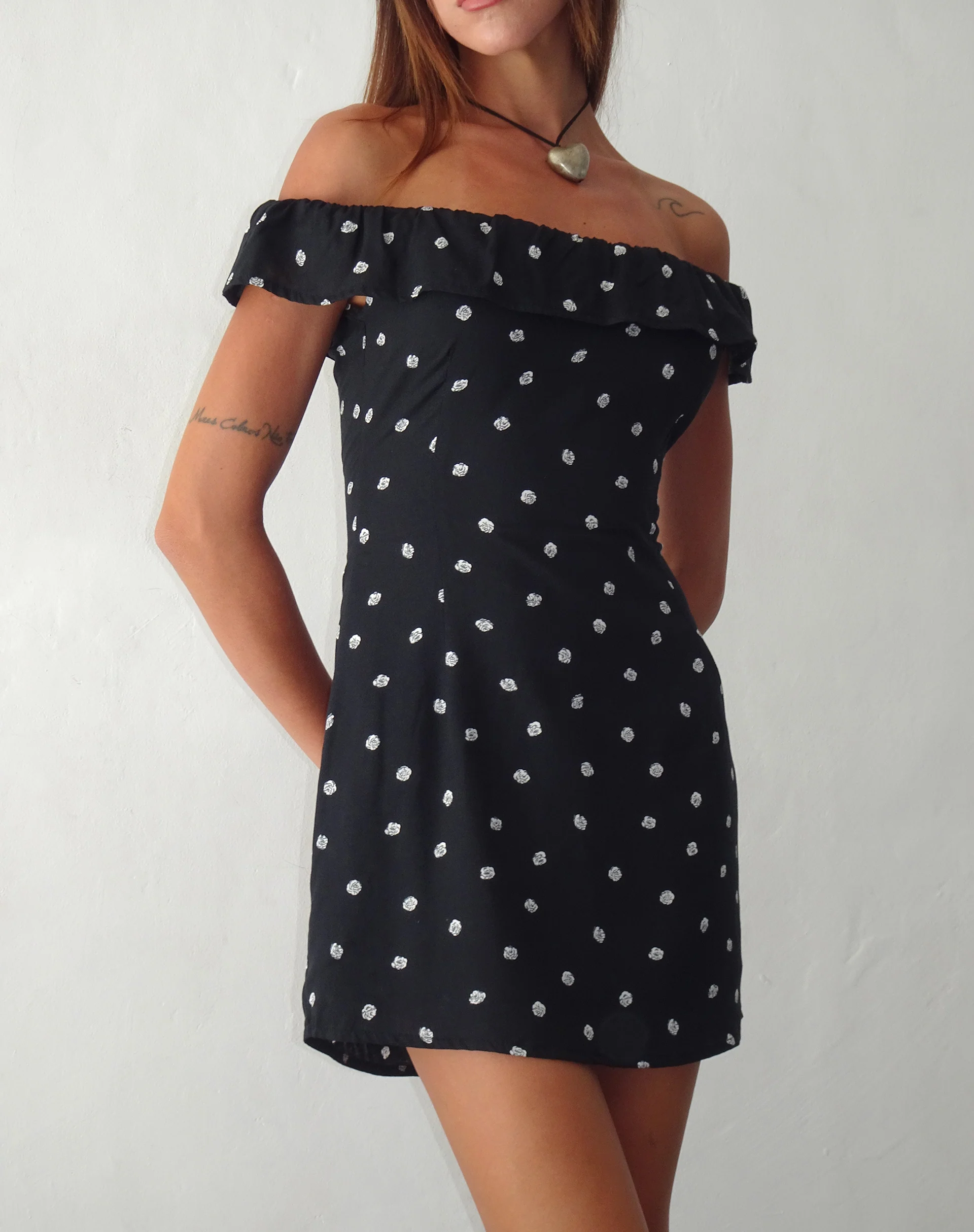 Yudia Bardot Mini Dress in Ditsy Rose Black - Image 2