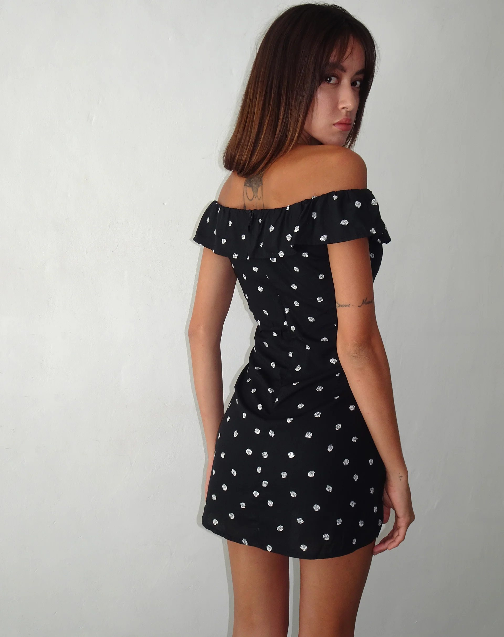 Yudia Bardot Mini Dress in Ditsy Rose Black - Image 3
