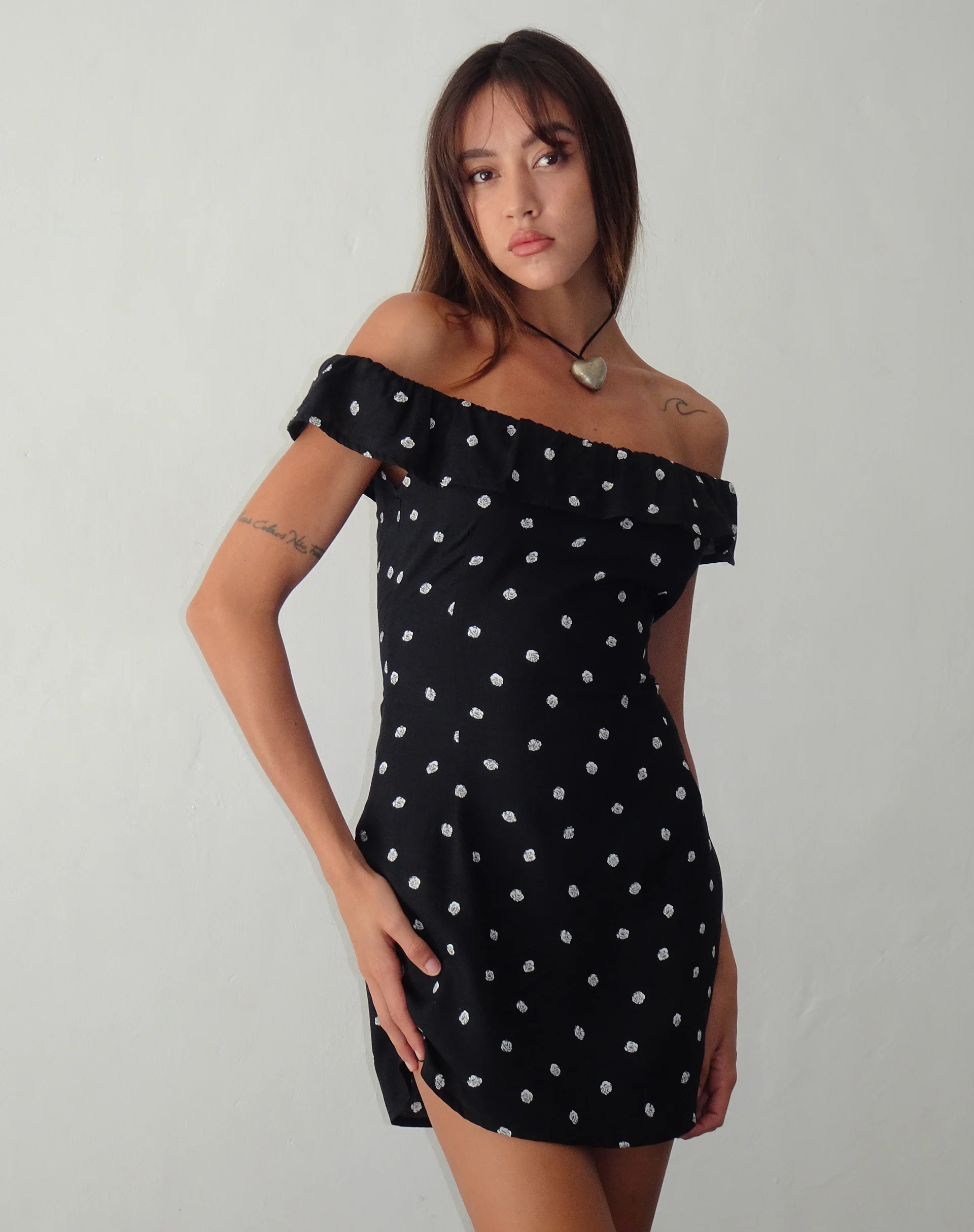 Yudia Bardot Mini Dress in Ditsy Rose Black - Image 4