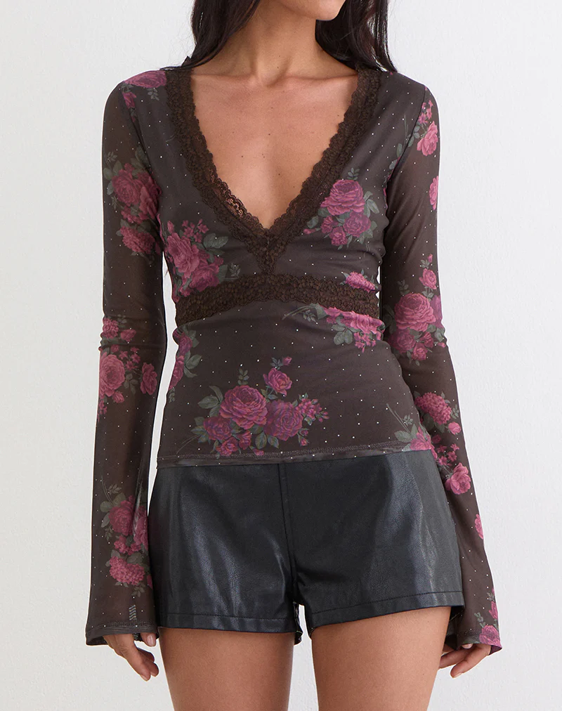 Yudo Top in Brown with Pink Polka Dots and Roses Print - Image 2