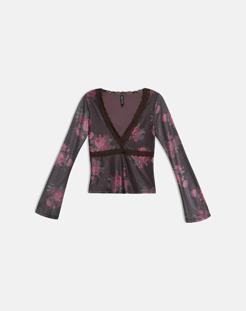 Yudo Top in Brown with Pink Polka Dots and Roses Print - Image 6