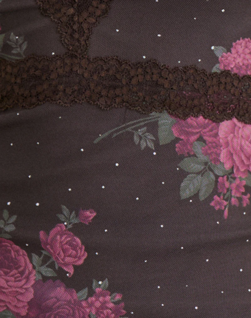 Yudo Top in Brown with Pink Polka Dots and Roses Print - Image 7