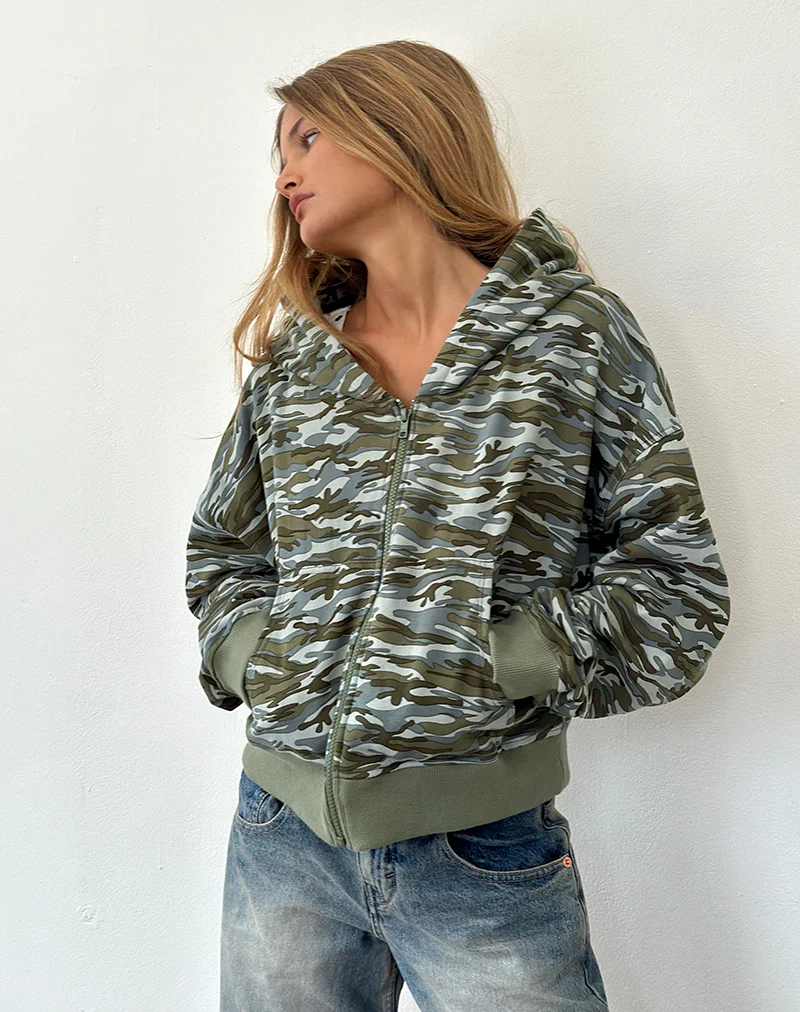 Yukadi Zip Through Hoodie in Camouflage Green - Image 2