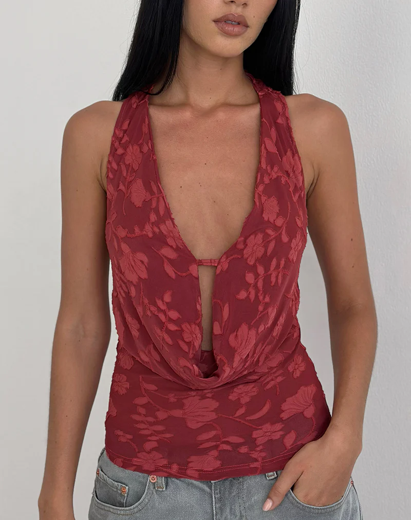 Yukari Plunge Top in Burnout Mesh Red - Image 2