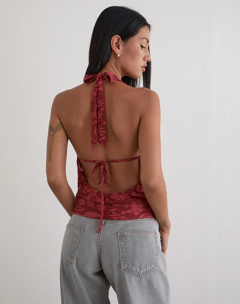 Yukari Plunge Top in Burnout Mesh Red - Image 3