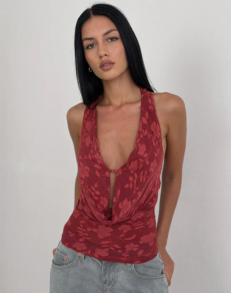 Yukari Plunge Top in Burnout Mesh Red - Image 5