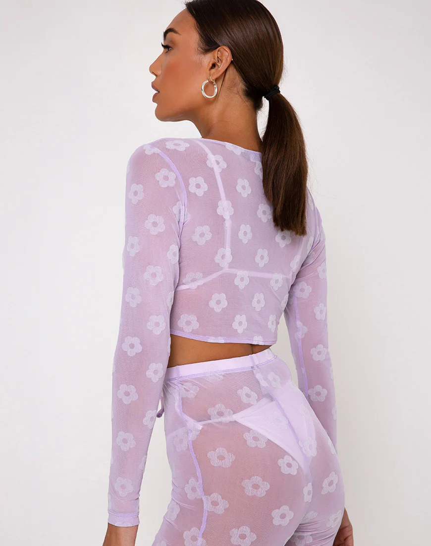 Yun Crop Top in Lilac Mesh Daisy White Flock - Image 2