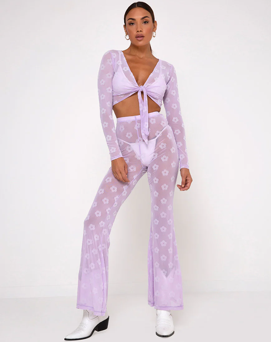 Yun Crop Top in Lilac Mesh Daisy White Flock - Image 3