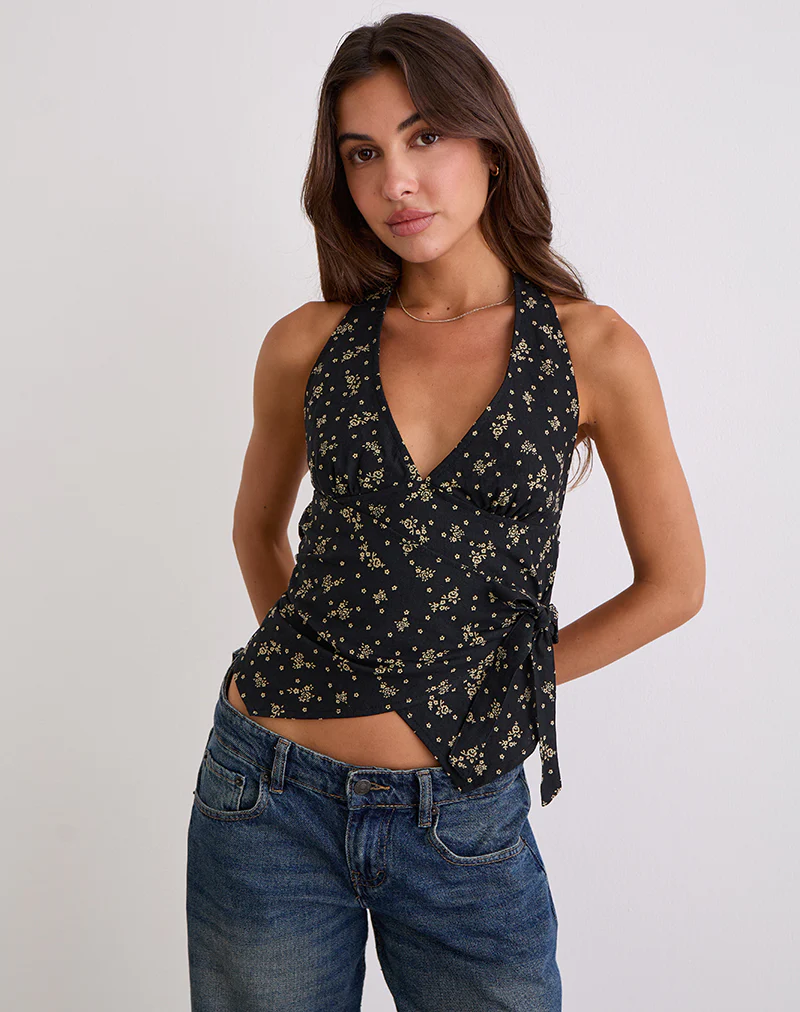 Yung Halterneck Wrap Top in Floral Land Black - Image 5