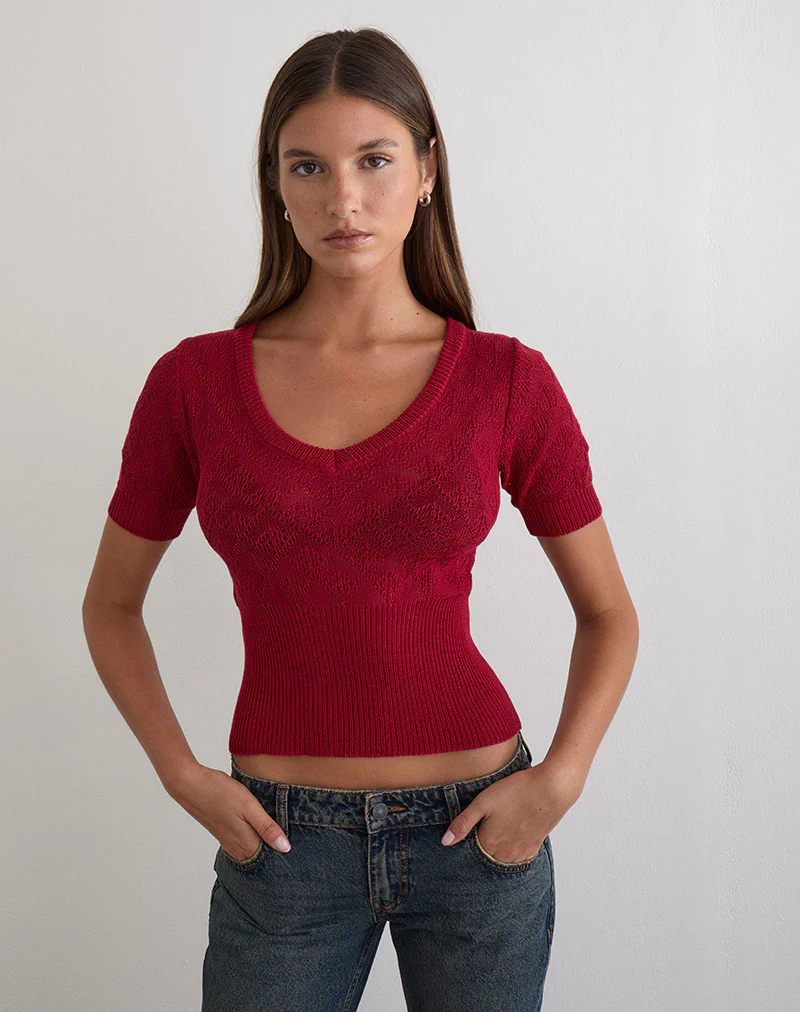Yura Top in Pointelle Knit Deep Red - Image 2