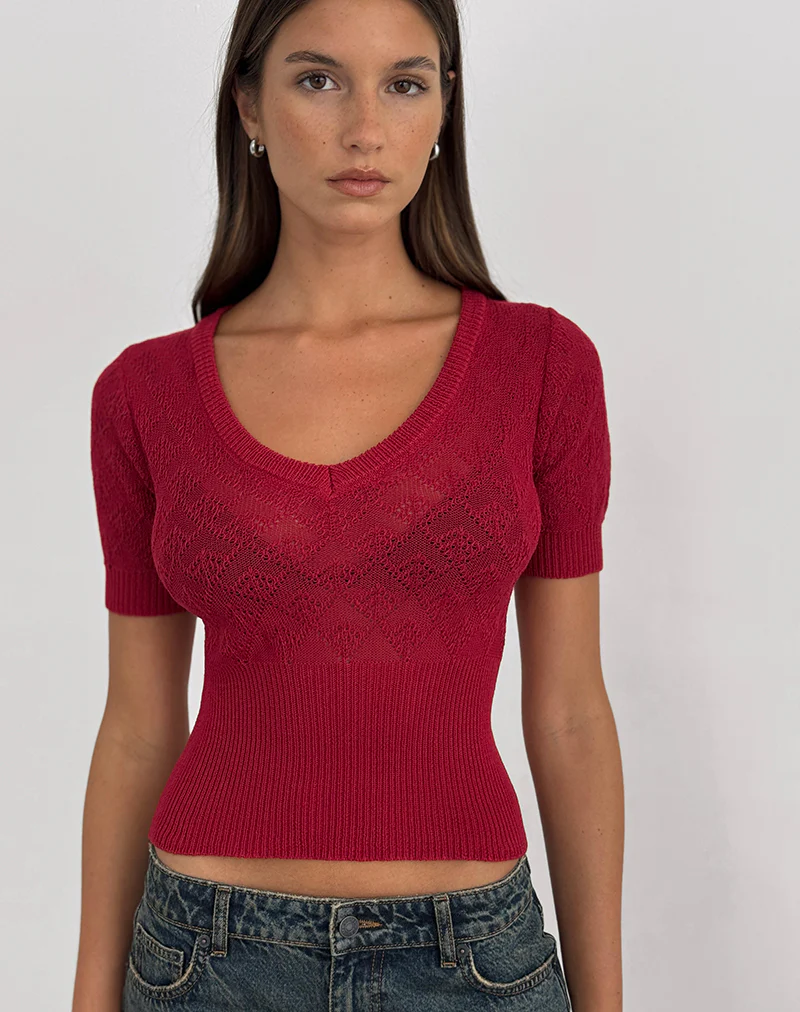 Yura Top in Pointelle Knit Deep Red - Image 3