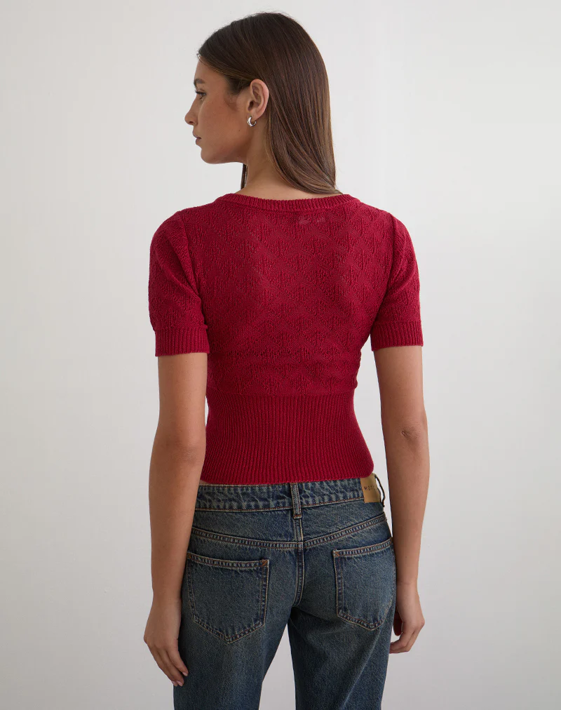 Yura Top in Pointelle Knit Deep Red - Image 5