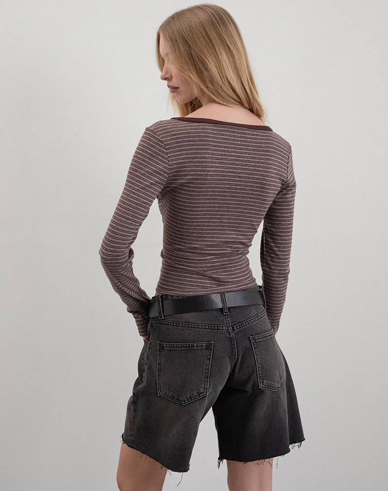 Yusi Long Sleeve Top in Brown and Grey Stripe - Image 3
