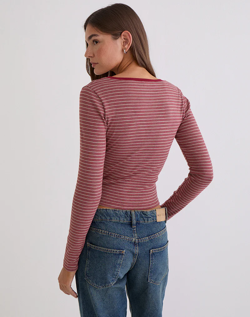 Yusi Long Sleeve Top in Burgundy Stripe - Image 6