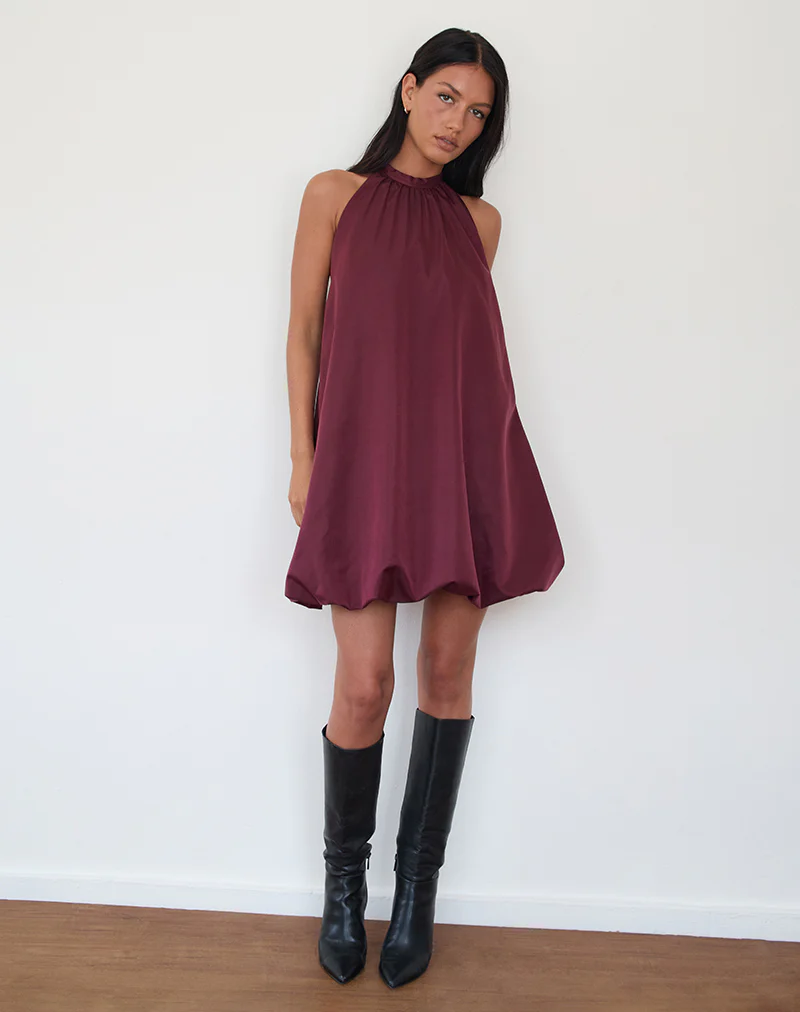 Yusna Puffball Mini Dress in Dark Berry - Image 3